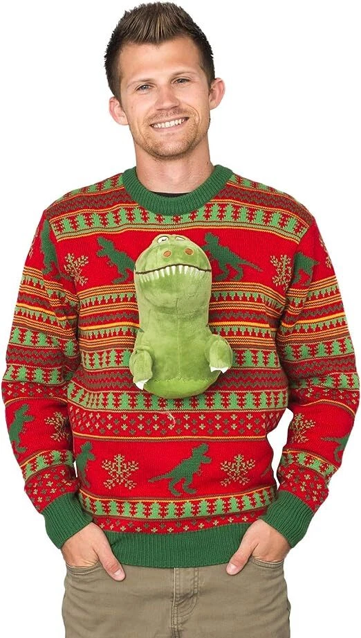 Adult Unisex 3D T-Rex Red and Green Ugly Christmas Sweater - Image 4 of 4