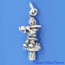 Gnome Leprechaun with Flute on Mushroom Toadstool 3D 925 Sterling Silver Charm