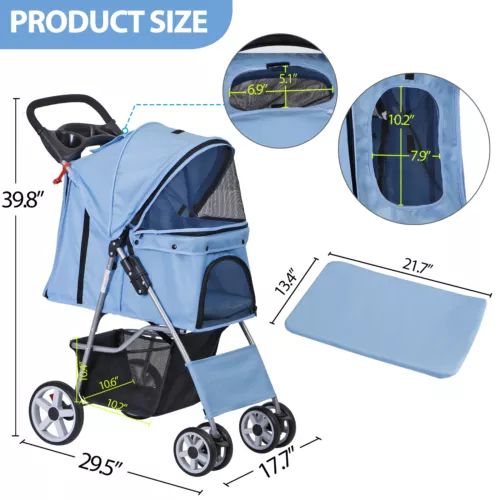 3/4-Wheels Pet Stroller Folding Dog Stroller w/ Safety Belt and Cup Holder - Picture 51 of 87