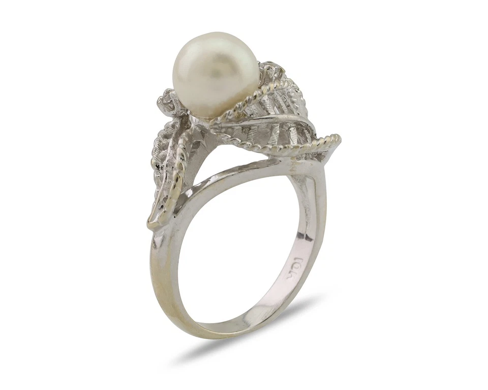 Anillo de diamantes y perlas blancas naturales de oro macizo de 10 k para mujer Foto 2 de 4