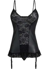 Corsage m Strapshaltern und String mit Wetlook Gr. 36/38 Schwarz Unterwäsche Neu