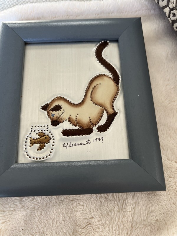 Signed & Dated Metal Art Picture Cat With Fish Bowl. Beautiful 6.5”x5.5”.