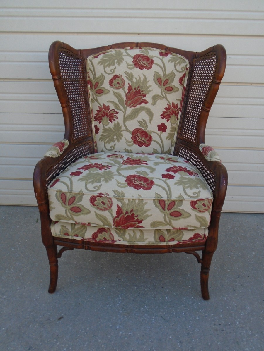 Ethan Allen Faux Bamboo Lounge Chair Fretwork Wingback West Indies Cane  Colonial