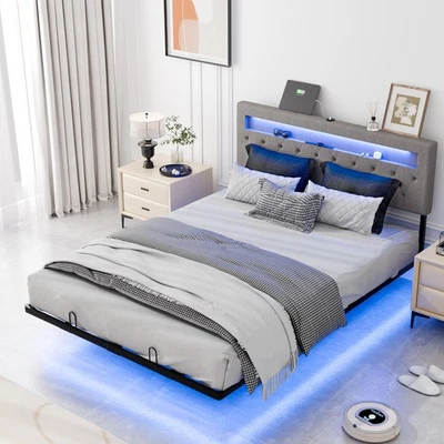 Bonnlo Floating Single/Double/King Bed Frame with LED Lightg & Storage Headboard