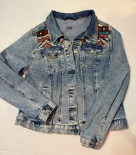 Y2K UpCycled Cropped Western Jean Frosted Denim Jacket Aztec Custom sz 12 14 L