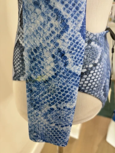 The Lure Blue Snake Print One Piece Bathing Suit, Long Sleeve Open Back - Picture 4 of 6