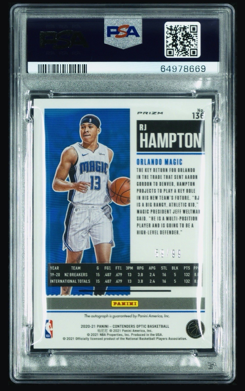 2020 NBA Contenders Optic Ticket Variation BLUE  /99 RJ Hampton RC Auto PSA 9 view 2