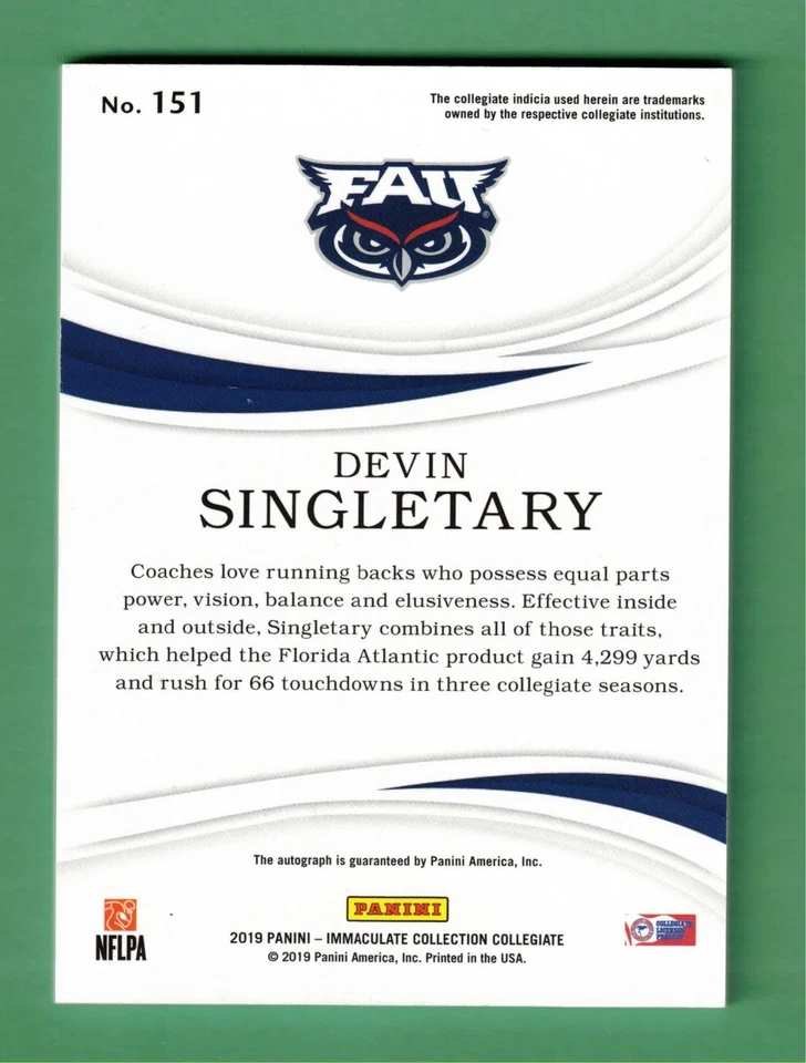 2019 PANINI IMMACULATE COLLEGIATE COLLECTION DEVIN SINGLETARY AUTO 1/1 RC GIANTS - Image 2 of 2