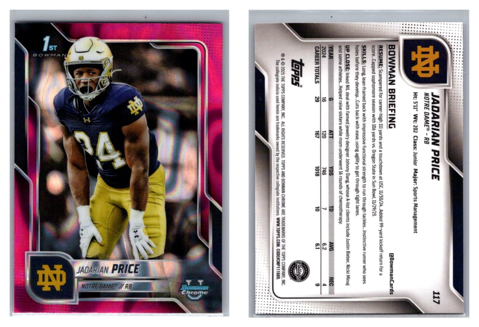 Jadarian Price Pink Lava 2025 Bowman U Chrome Notre Dame Fightin Irish RB #117