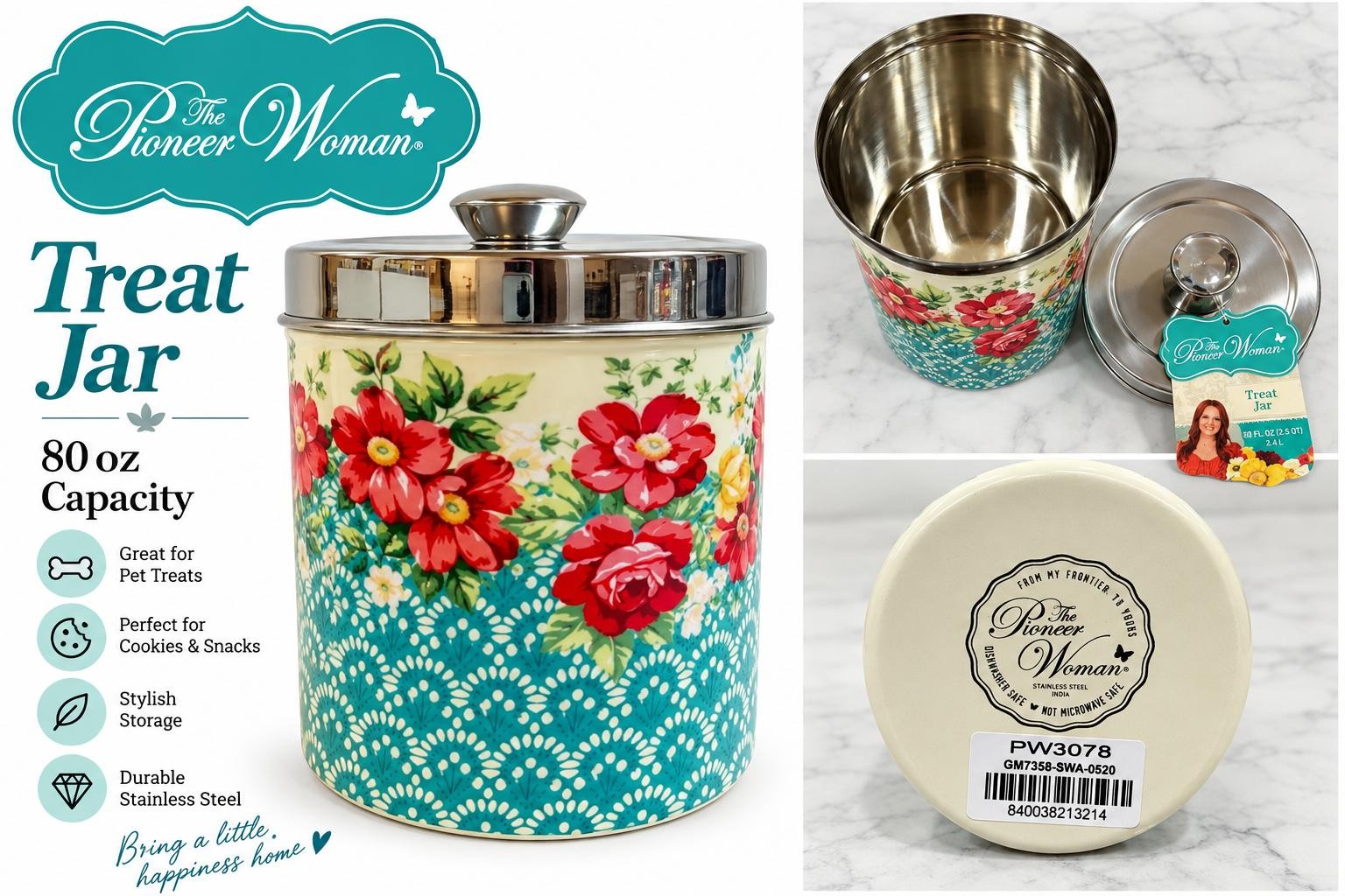The Pioneer Woman 80 oz Treat Jar Decorative Pet Treat Storage Canister One Size