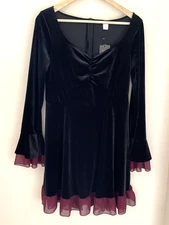 Y2K Goth Velvet Babydoll Dress Size L Black Stretch Bell Sleeves Vampire Witch