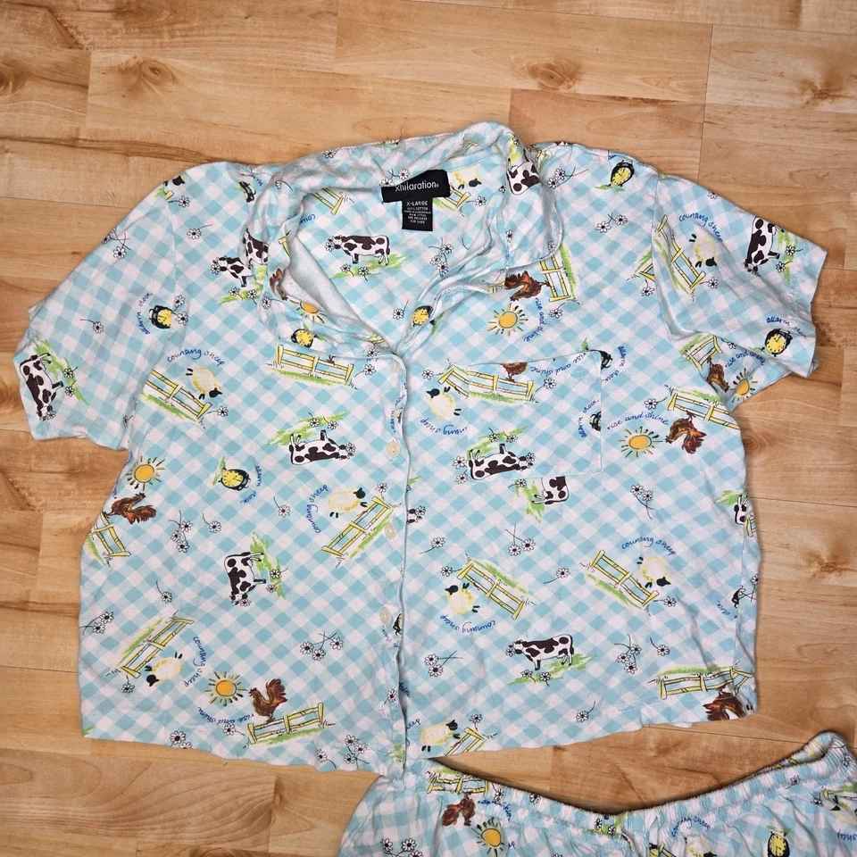 Xhilaration Conjunto de Pijama Juniors XL Guinga Animales de Granja Pantalones Cortos Botón Algodón Y2K Foto 3 de 4