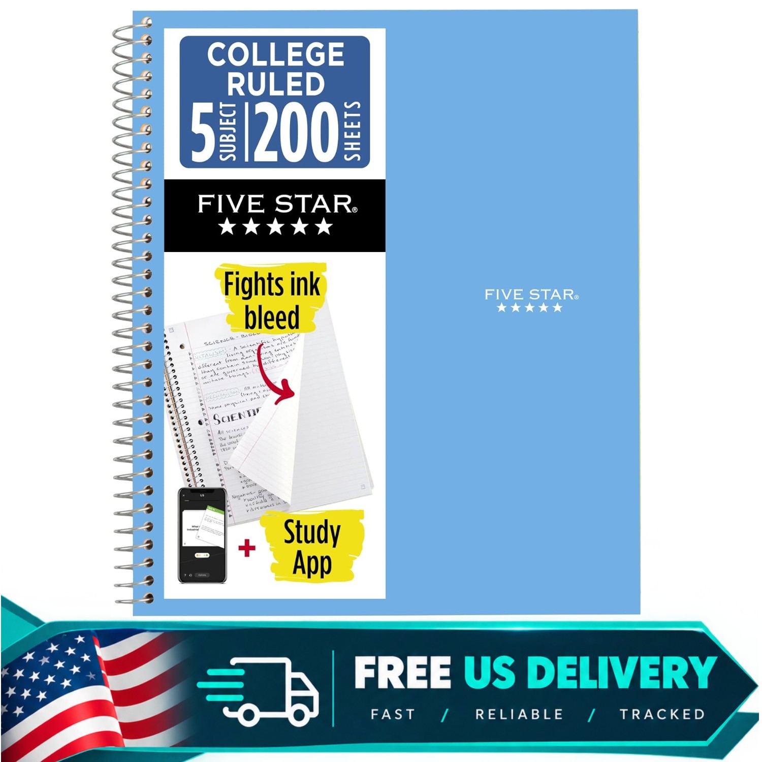 Spiral Notebook + Study App, 5 Subject, College Ruled Paper, 8-1/2