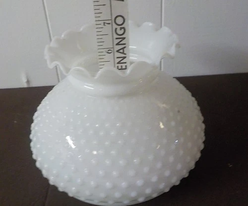 Vintage White Milk Glass Hobnail Ruffled Top Hurricane Oil Lamp Shade 7'' Fitter