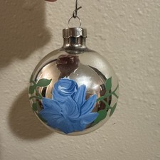 Pre-WWII Mercury Glass 3" Ornament Made in USA Cap Hand Painted Blue Rose