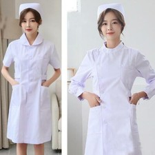 Women Nurse Dress White Doctor Beautician Lab Long Coat Work Clothes Uniform