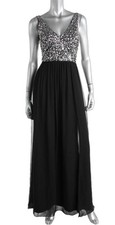 AQUA Black Chiffon Silver Sequins Double V Leg Slit Formal Gown 6 NEW 216