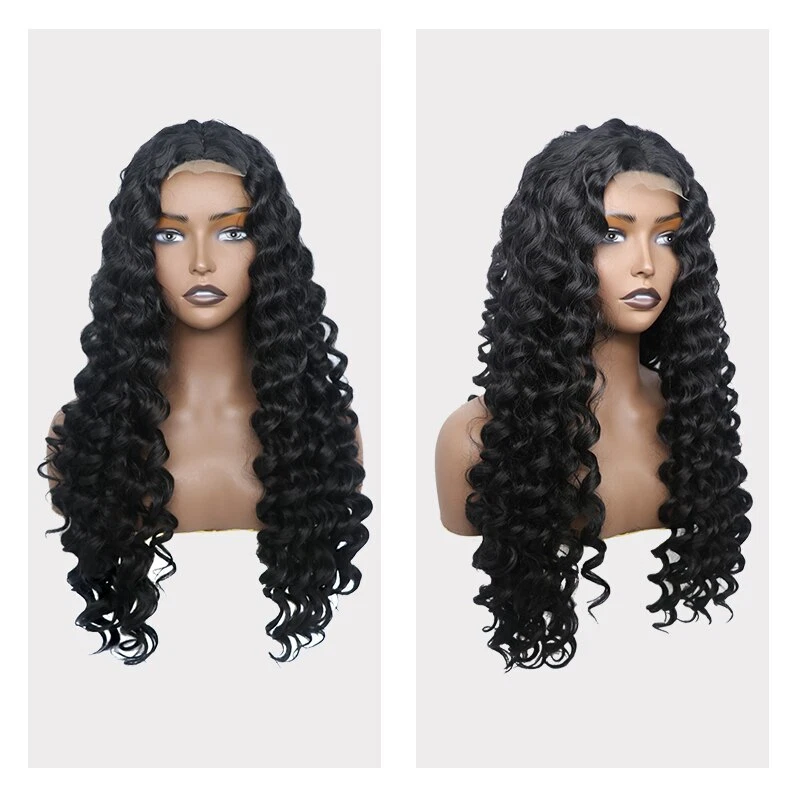 Peluca de onda profunda sintética negra de 22-30 pulgadas de largo resistente al calor natural para mujer Foto 3 de 4