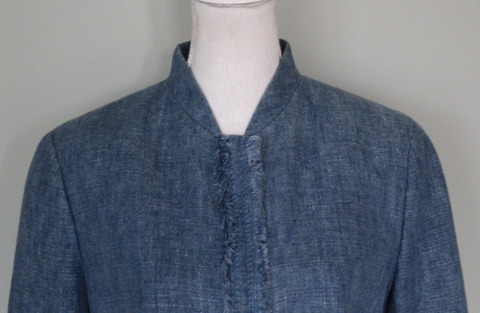 AKRIS PUNTO 100% Linen Blue Fringe Trim Zip Front Jacket, Size 10 - Image 4 of 4