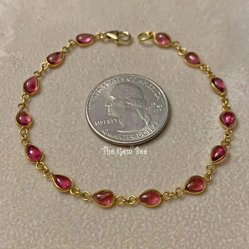 14k Yellow Gold Rubellite Pink Tourmaline Cabochon Pear Bezel Bracelet 7.5 inch - Picture 3 of 7