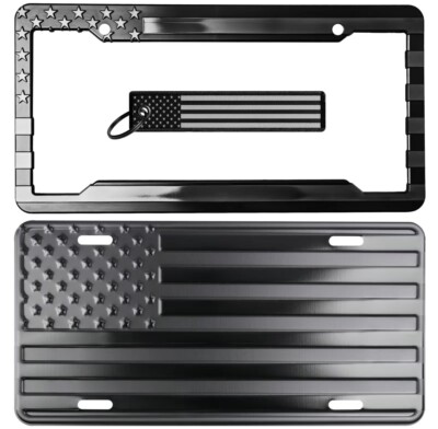 American flag Embossed license plate & Frame Key Chain Combo Set Black On Black