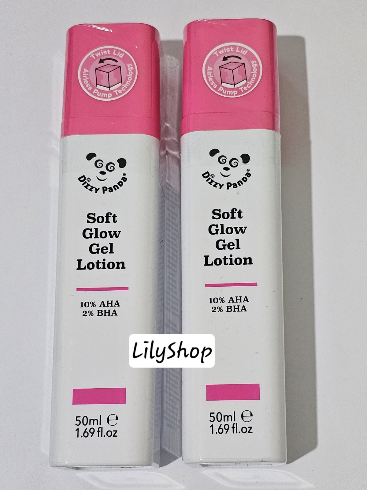 2 x DIZZY PANDA SOFT GLOW GEL LOTION 50ml TWIST LID AIRLESS PUMP TECHNOLOGY