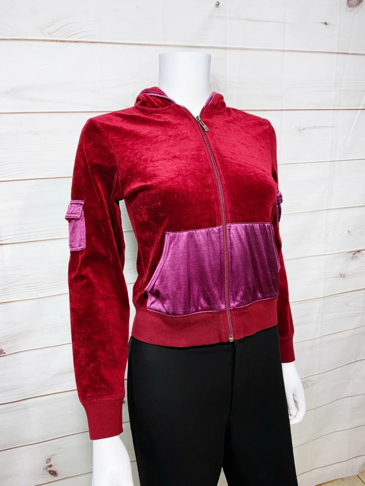 BCBGMAXAZRIA Mujer Terciopelo Sudadera con Capucha Talla S Borgoña Cremallera Completa Bolsillos Manga Larga Foto 2 de 4