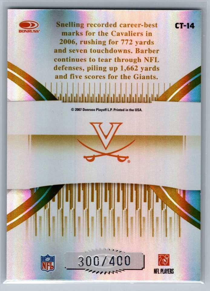 /400 2007 Donruss Elite - College Ties Gold #CT-14 Tiki Barber (RC) - NM-MT - Image 2 of 2
