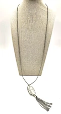 Signed Charming Charlie Necklace Silver Toned White Faux Howlite Tassel 30"