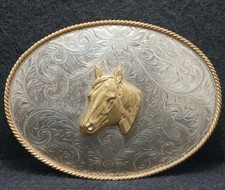XC01108 VINTAGE 1970s HORSE HEAD ANIMAL WESTERN MENS GERMAN SILVER BELT BUCKLE