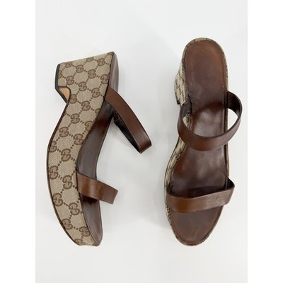 Gucci Vintage GG Supreme Canvas Platform Wedge Sandals Leather Slides 10