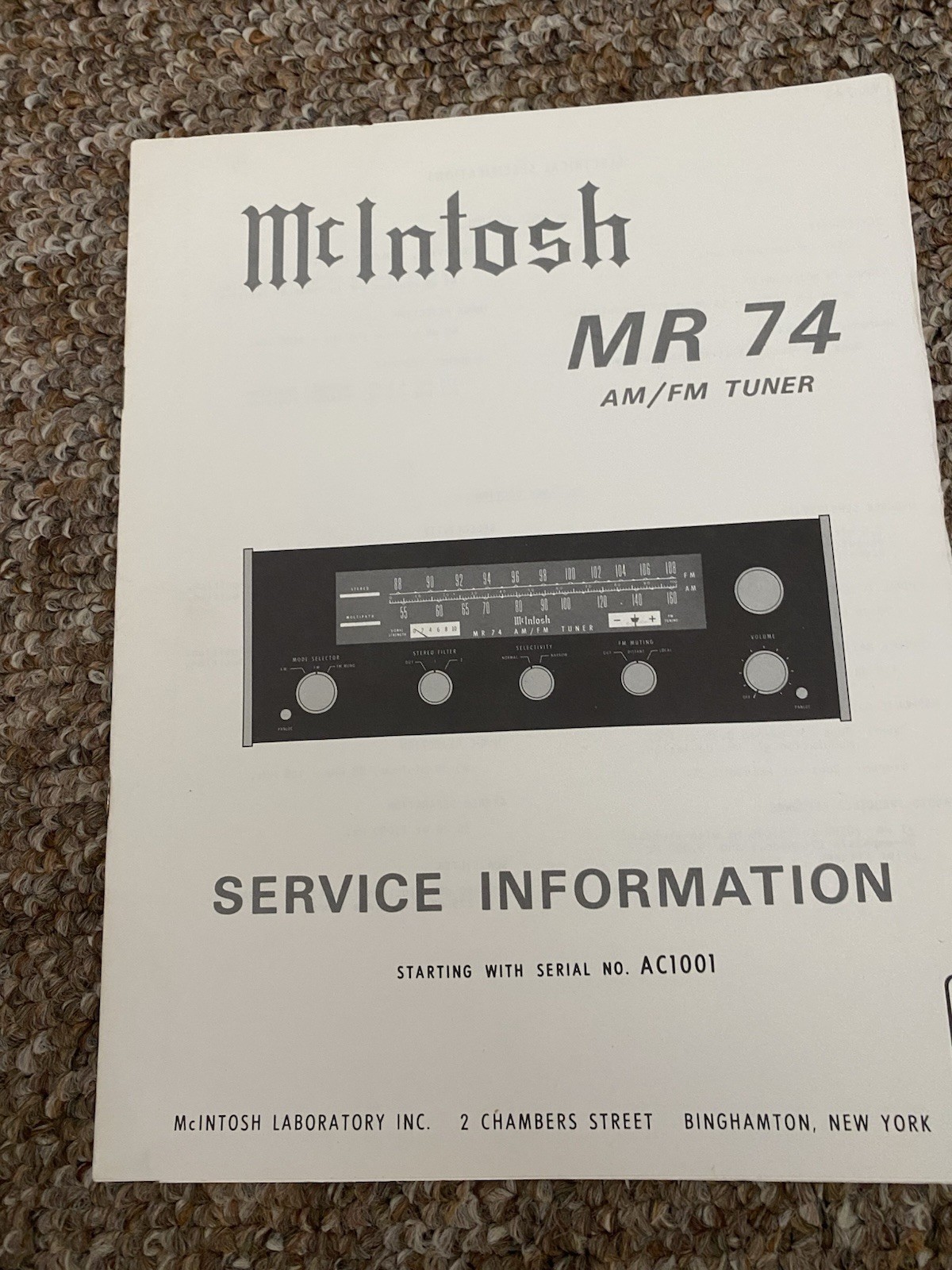 Vintage Mcintosh MR74 FM Tuner Service Manual Information Original