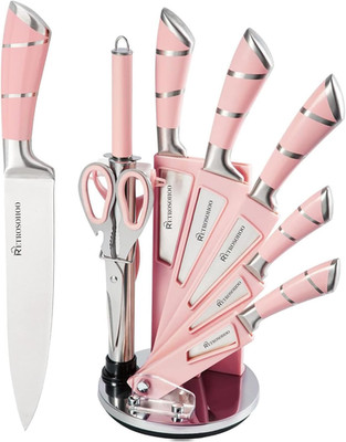 Kitchen Knife Set,  9-Pieces Pink Sharp Non-Stick Coated Chef Knives Block Set,S