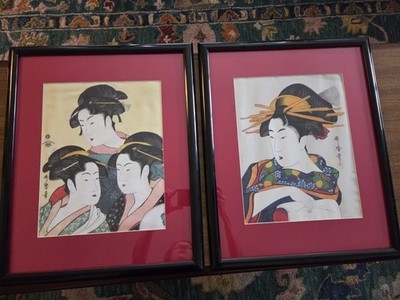 SET OF 2 Geisha Girls Framed Vintage Women In Picture Asian Oriental