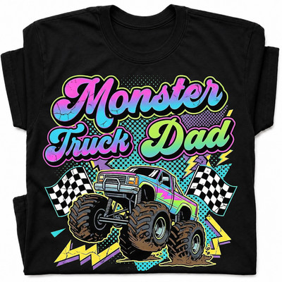 Monster Truck Dad Racings T-Shirt Retro Neon Gift Tee