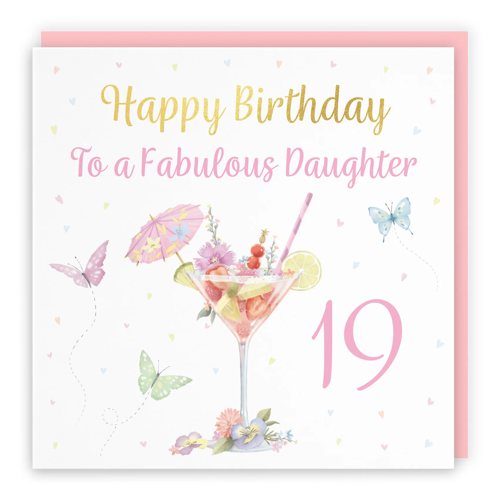 19th Daughter Pink Cocktail And Butterflies Birthday Card Gold Foil Milo's Gall