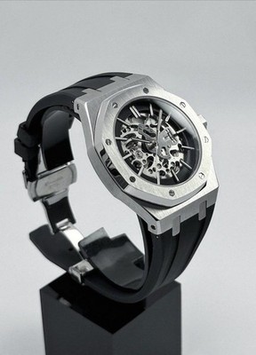 Uhr nach Maß 41 mm Silber Schwarz Skelett Zifferblatt - RO Style - Nh70 Automatik