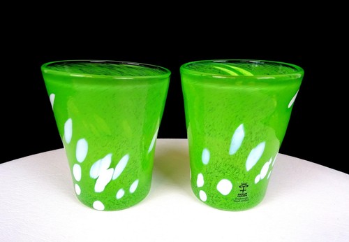 SKRUF SWEDEN GLASS GREEN MOTTLED WHITE SPOTTED 2 PIECE 3 1/2" TUMBLERS 1960s - Picture 2 of 10