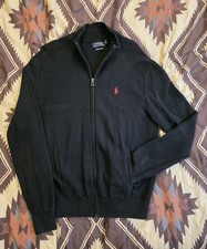 Polo Ralph Lauren Full Zip Pima Cotton Knit Pocketed Sweater Jacket Black Mens S
