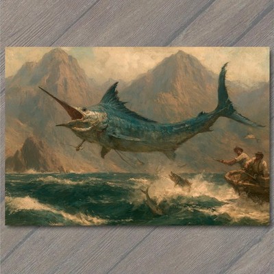 ART PRINT Marlin Swordfish Billfish Jump Sea Game Fishing Anglers Boat Mountains