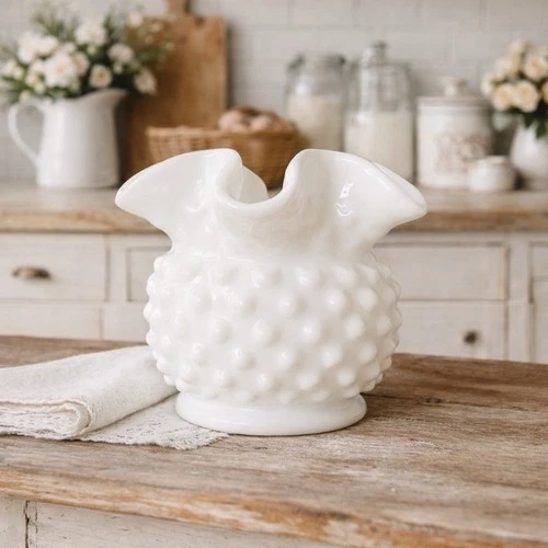Fenton Hobnail Milk Glass Vase Ruffled Rim White Textured Vtg Cottagecore 3"
