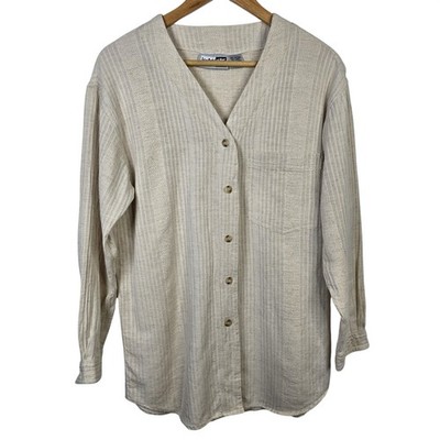 Krazy Kat Mens Cotton Linen Blend Striped Button Up Shirt Size Medium