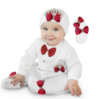 Baby Mädchen Krone Strampler Neugeborenen Geschenk 3 Stück Rot Schleife Strampler Set