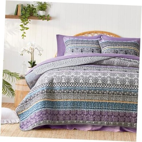 3 Pieces Colorful Bohemian Quilt Set Full Queen Size, Purple n Grey Boho