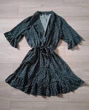 Boohoo Green & White Spotted Flared Dress Tie Belt Smart Holiday Office UK20