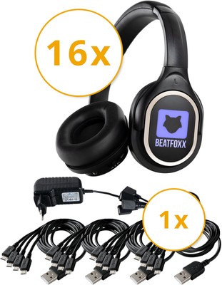 Silent Disco V2 USB-C Set mit 16 Funk-Kopfhörern und 1 Ladegerät für Party Spaß