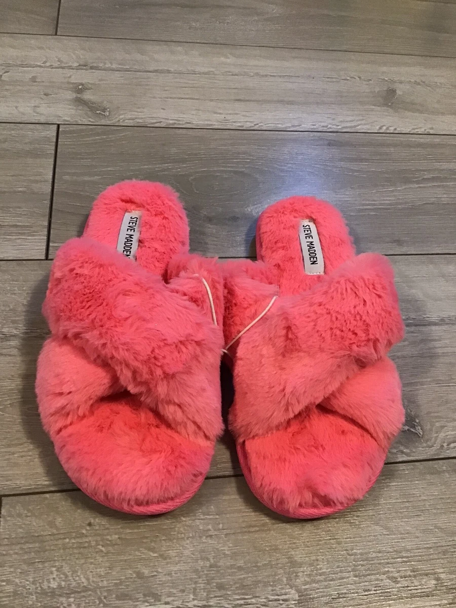 Steve Madden Pink Slippers Size Large UK Size 8 Hot Pink Faux Fur Brand New