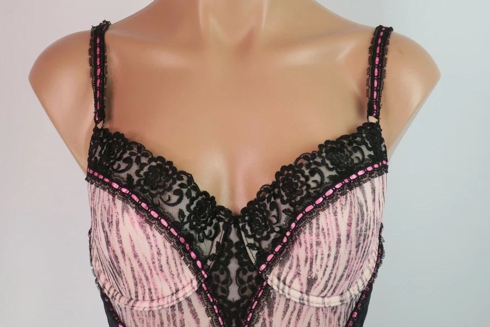 Sutiã bustiê vintage Jezebel 34D espartilho longline com aro preto rosa gancho de renda - Imagem 3 de 4