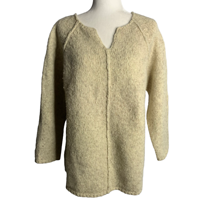 Vintage 90s DKNY Wool Chunky Knit Sweater S Beige Pullover V Neck 