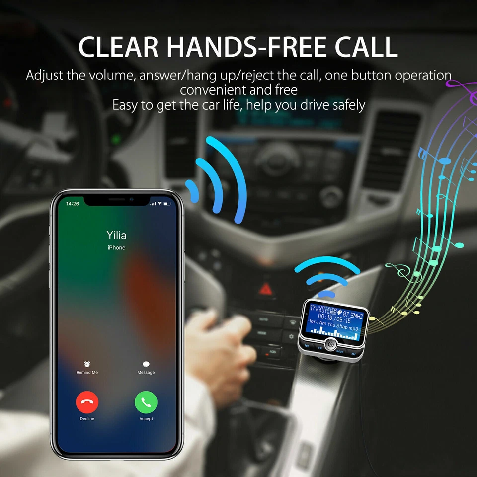 Wireless Car FM Transmitter with USB Charger Hands-Free Call 1.8 inch - Image 3 of 4